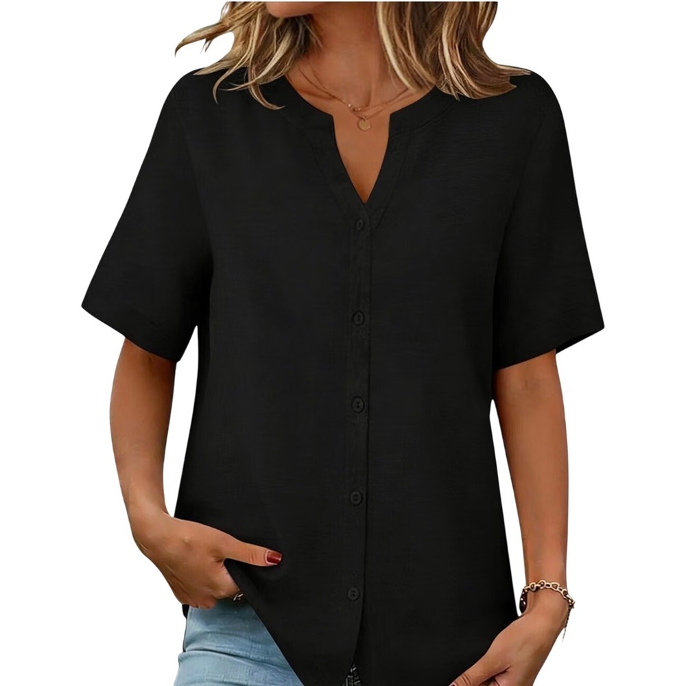 NEW Women Size XLarge Black 100% Cotton Linen-Like Short Sleeve Button Shirt